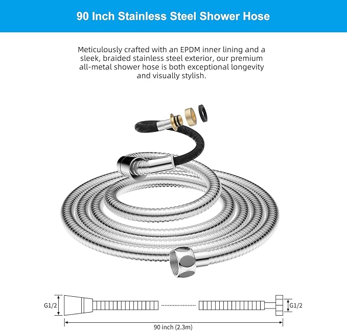 Hibbent All Metal Shower Hose 90 inch (7.5 ft) Bathroom Handheld Shower Head Hose 2.3 meters Extension Replacement Part with Brass Fittings Made of Stainless Steel -Polished Chrome Finish