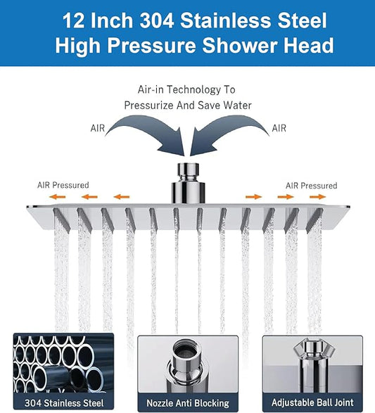 12-Inch 304 Stainless Steel Rain Shower Head with 11-Inch Adjustable Extension Arm and 20-Stage Shower Filter  High-Pressure, Durable Design, Easy Tool-Free Installation