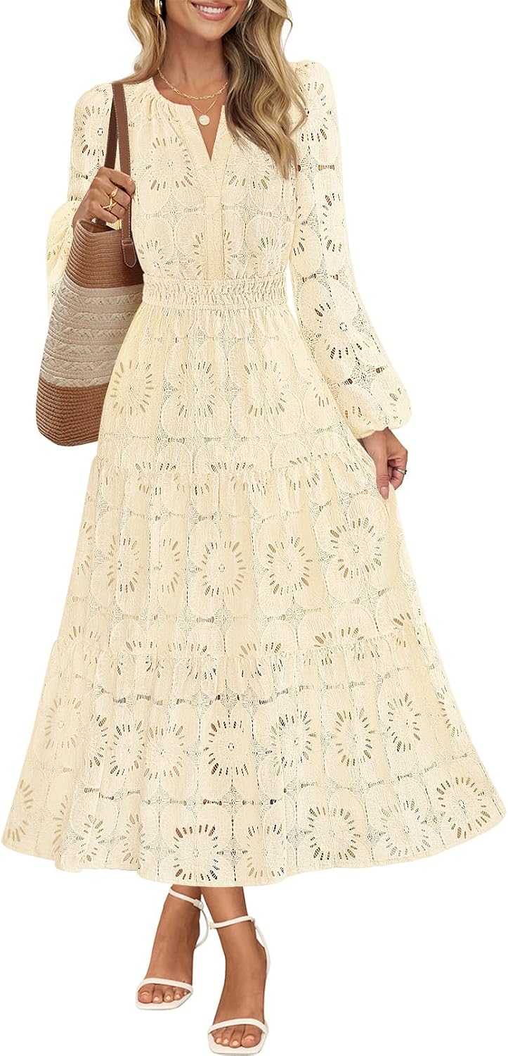 MEROKEETY Women's Fall Long Sleeve Floral Maxi Dress Lace Eyelet Hollow Out Tiered Boho Wedding Guest Dresses Pockets