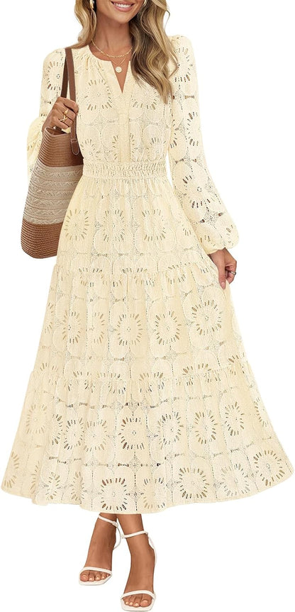 MEROKEETY Women's Fall Long Sleeve Floral Maxi Dress Lace Eyelet Hollow Out Tiered Boho Wedding Guest Dresses Pockets
