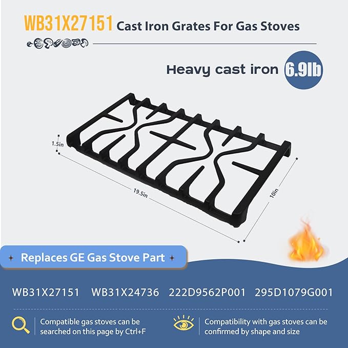 WB31X27151 WB31X24736 Stove Grate Replacement for GE Grate Cooktop Grids Gas Cooktop Grids GE Side Surface Oven Grids GE Cast Iron Stove Top Cooking Grids Parts Replacement 1 pc.