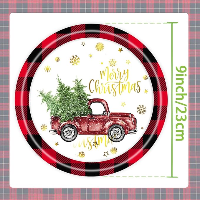 Furimuk Christmas Paper Plates Rustic Truck Red Black Plaid Border Printed Round Disposable Plates Dinnerware for Christmas Holiday Dinner Birthday Party Supplies (24 Pcs)