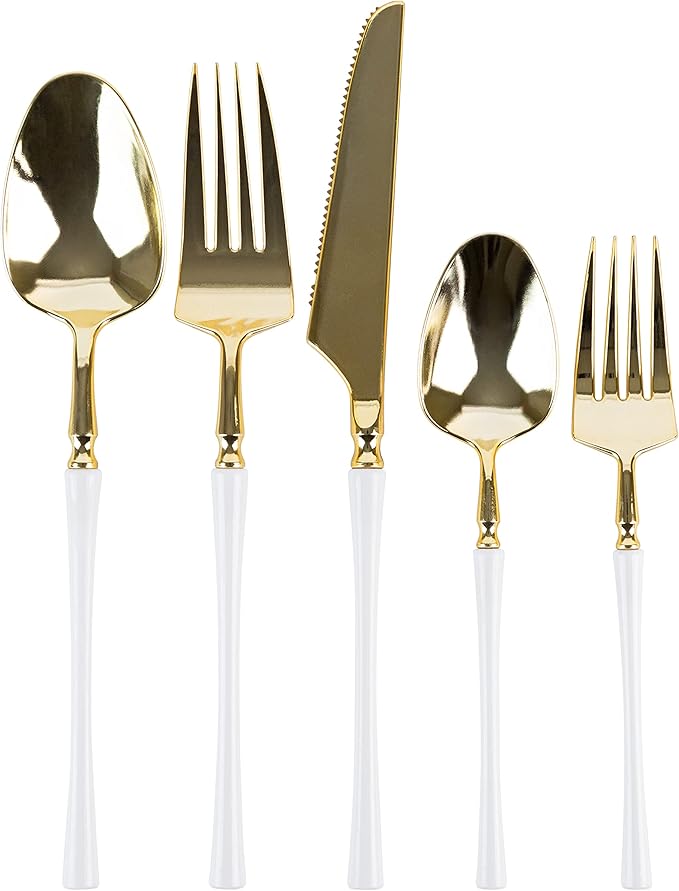 PlasticPro 20 Count Gold and White Plastic Soup Spoons Premium Quality Heavy Duty Disposable Elegant Silverware Two Tone Soup Spoons for Party