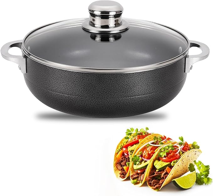 Alpine Cuisine 3.5 Quart Nonstick Cauldron with Glass Lid Multipurpose Aluminum Dutch Oven for Braising - Boiling - Stewing Nonstick Coating with Black Finish