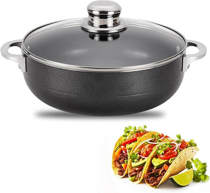 Alpine Cuisine 3.5 Quart Nonstick Cauldron with Glass Lid Multipurpose Aluminum Dutch Oven for Braising - Boiling - Stewing Nonstick Coating with Black Finish