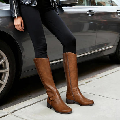 Size 9 DREAM PAIRS Boots For Women Knee High, Comfortable Pull On Side Zipper Buckle Riding Boots