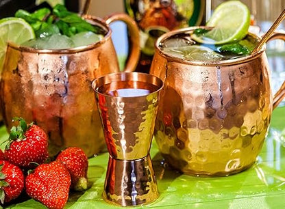 Copper jigger lacquered for the shine and to prevent tarnish. - Double 1oz2oz copper measuring jigger for cocktail mixing. - Solid hammered copper 22G copper. - Copper shot glass for Moscow mule.