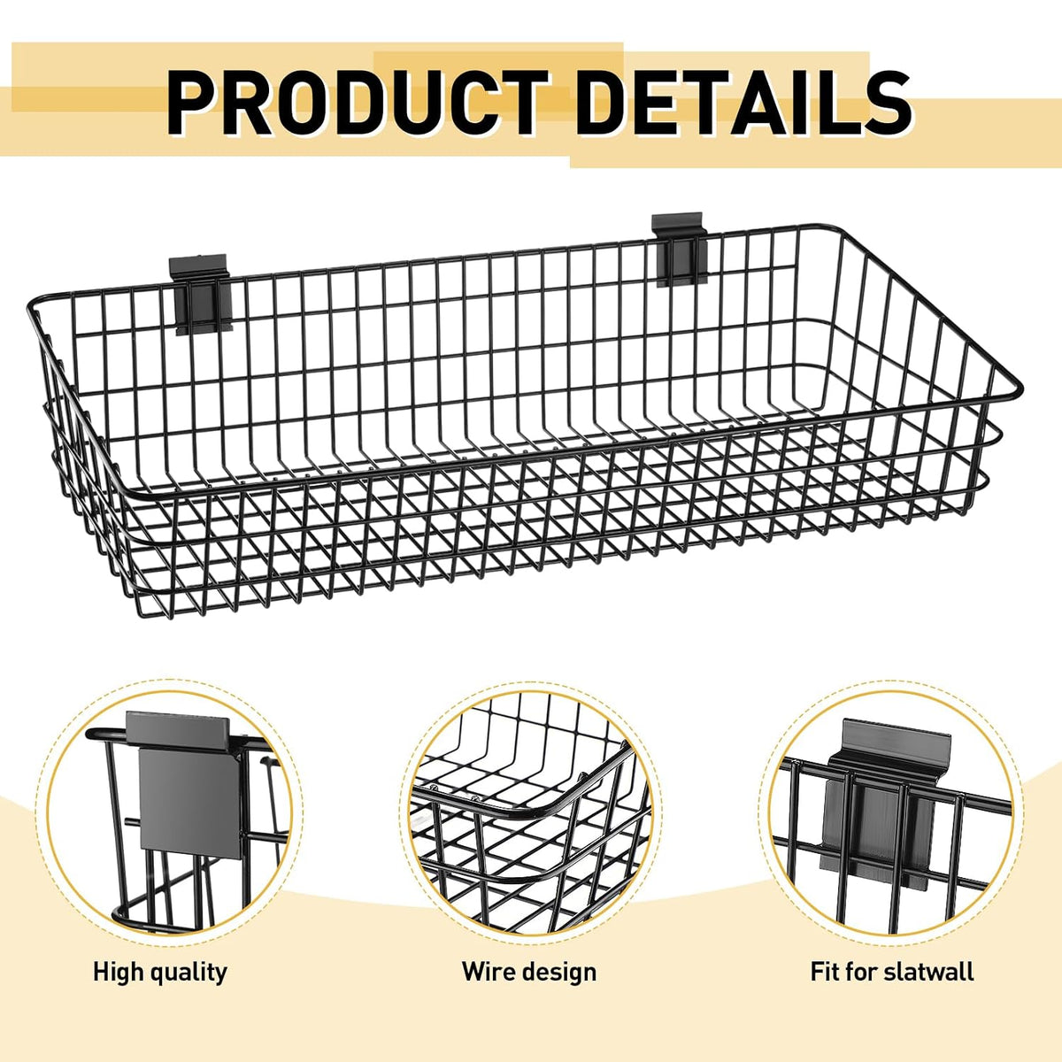 2 Pcs Slatwall Baskets for Slatwall,23.6 Inch Width Metal Heavy Duty Wire Mounted Hanging Basket Storage Display Basket for Retail,Garage,Office,Sports,Toys,and More,Black