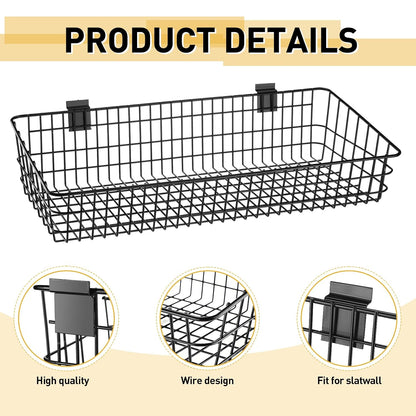 2 Pcs Slatwall Baskets for Slatwall,23.6 Inch Width Metal Heavy Duty Wire Mounted Hanging Basket Storage Display Basket for Retail,Garage,Office,Sports,Toys,and More,Black