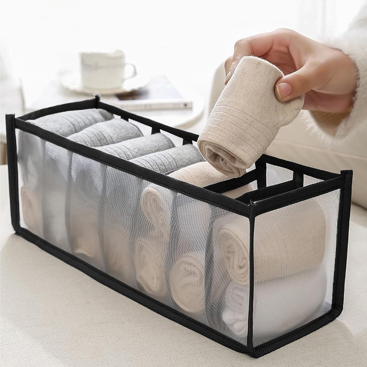 Underwear Storage Organizer, 7-Compartment Foldable Drawer Divider for Home, Closet, and Travel Use, Mesh Fabric Underwear Organizer Box (Black)