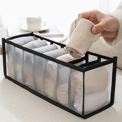 Underwear Storage Organizer, 7-Compartment Foldable Drawer Divider for Home, Closet, and Travel Use, Mesh Fabric Underwear Organizer Box (Black)