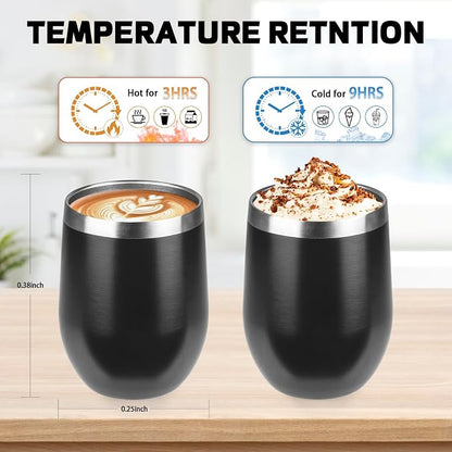 StarSpeed 12oz Insulated Wine Tumbler with Lid,Black 18/8 Stainless Steel Travel Tumbler,Double Wall Coffee Cup,BPA Free Wine Glass,Coffee Mug for Cold & Hot Drinks