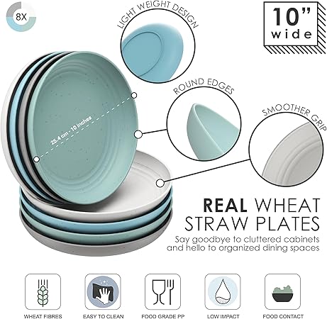 8 Wheat Straw Plates 9"  8 Wheat Straw Plates 10" - Dishwasher Microwave Safe