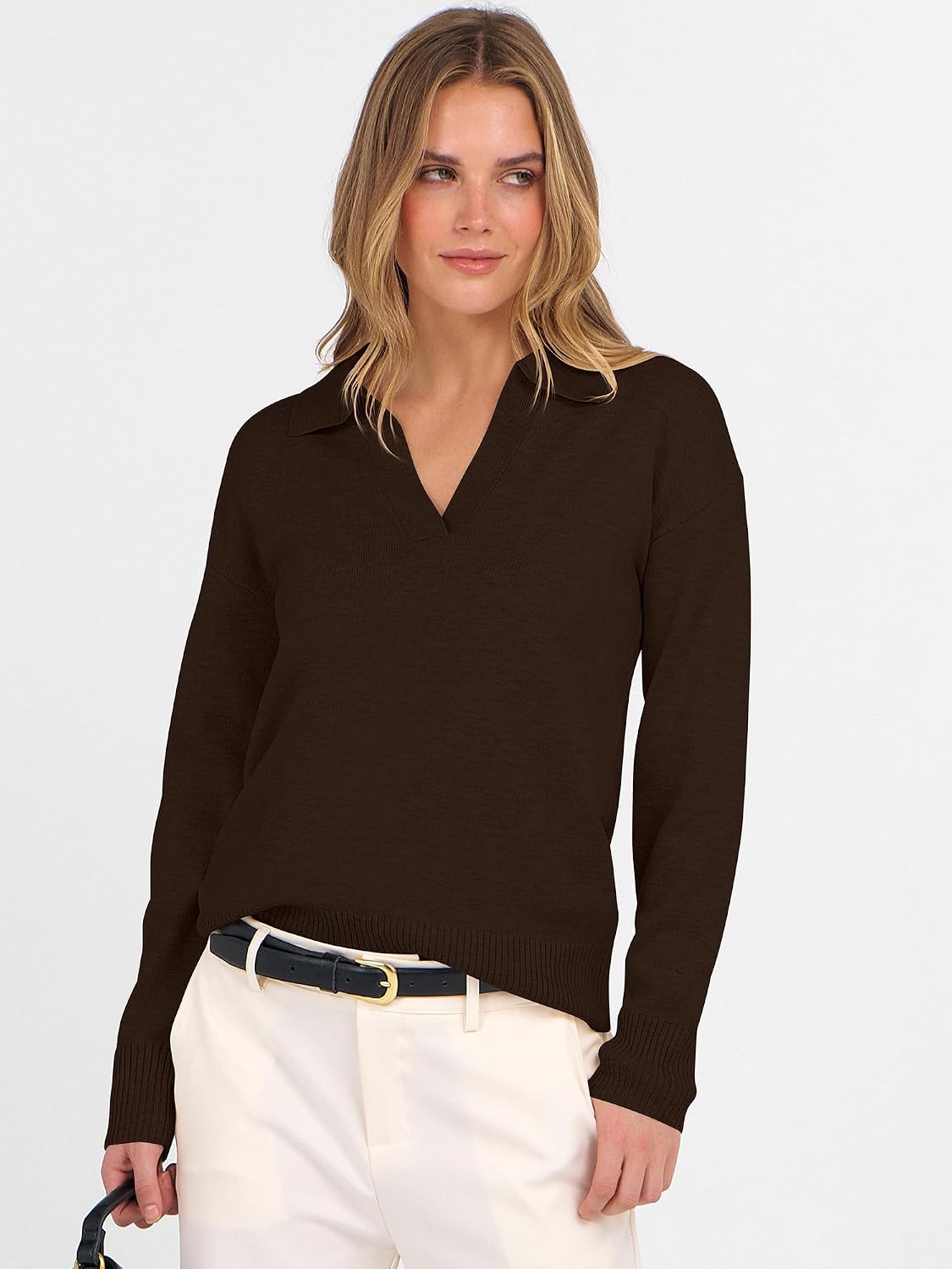 ANRABESS Womens Polo V Neck Long Sleeve Sweaters Lightweight Dressy Casual Business Basic Knit Pullover Top 2025 Fall Outfits