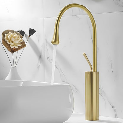 Vessel Sinks Copper Faucets, with High Arch Long Spout Goose Neck, Champagne Bronze Brushed Gold Art Deco Narrow Tall Skinny, Bathroom Wet Bar Bowl, 1 Hole Brass Finish Single Hot and Cold