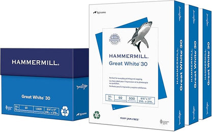 Hammermill Printer Paper, Great White 30 Recycled Paper, 8.5 x 11 - 92 Bright, Made in the USA, 086820C - 3 Ream (1,500 Sheets)