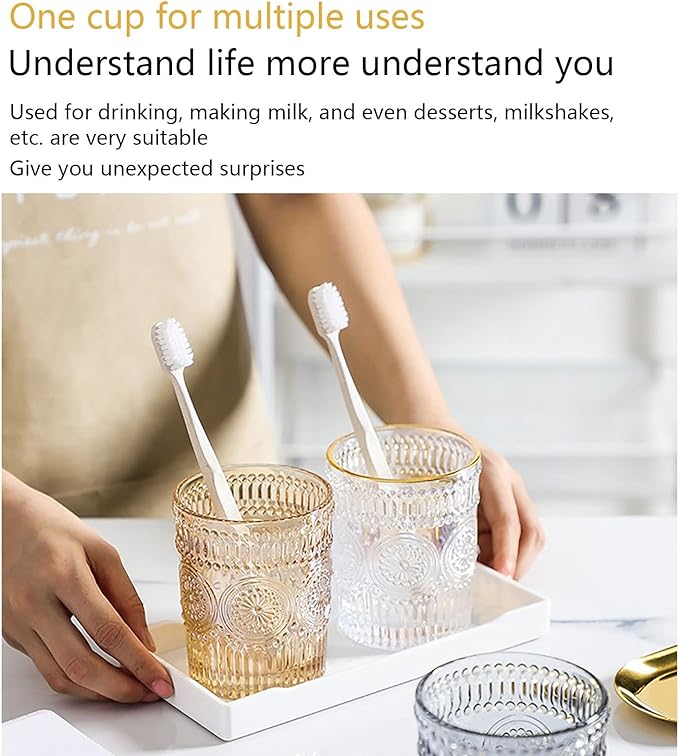 YLWX European Style Gold Relief Clear Glass Toothbrush Holder Retro Wash Cup Light Luxury Couple Mouthwash Cup Hotel Toothbrush Cup Water Cup (Color : Soot 270ml)