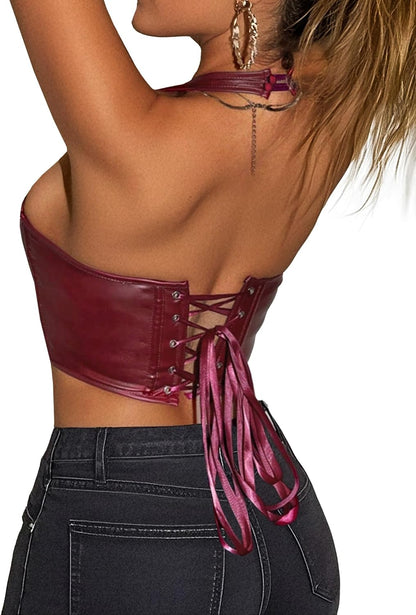 Women's Y2K Leather Halter Top Backless Corset Bustier Top Lace Up Sexy Going Out Crop Tank Halter Neck Party Club