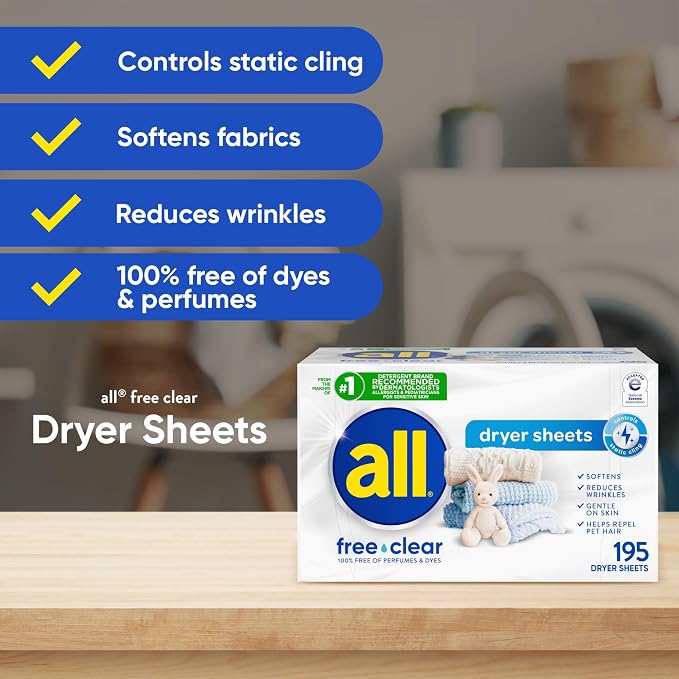 all free clear Fabric Softener Dryer Sheets for Sensitive Skin, 195 Count Dye free, dermatologist tested, fragrance free, controls static cling, reduces wrinkles, HE compatible