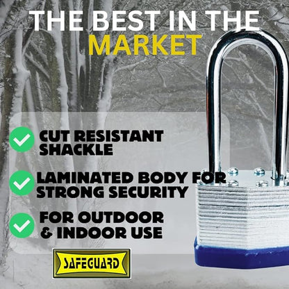 SAFEGUARD 40mm/1.57" High-Security Long Shank Laminated Padlock with Hardened Shackle and Copper Lock Cylinder