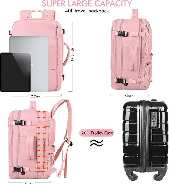 Beraliy Large Travel Backpack for Women, Personal Item Bag Airline Approved, Carry On Luggage, 17.3 inch Laptop Backpack, Waterproof Backpack,Hiking Backpack, Pink