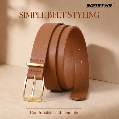 Women Leather Belt with Fashion Gold Square Buckle, Adjustable Women Waist Belt for Jeans Pants Dresses Waist 41"