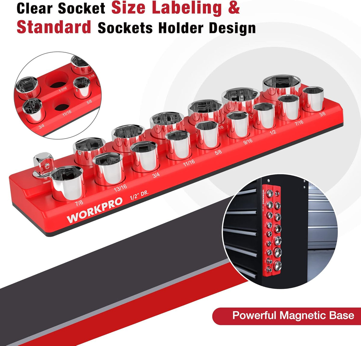 WORKPRO Magnetic 1/2-Inch SAE Socket Organizer - Holds 16 Standard & Deep Size Sockets