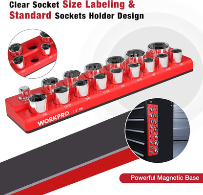 WORKPRO Magnetic 1/2-Inch SAE Socket Organizer - Holds 16 Standard & Deep Size Sockets