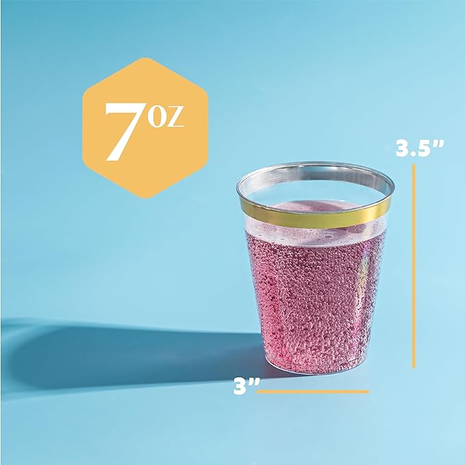 PLASTICPRO Disposable 7 oz Crystal Clear Plastic Tumblers With Gold Rim for Party's  Weddings pack of 50