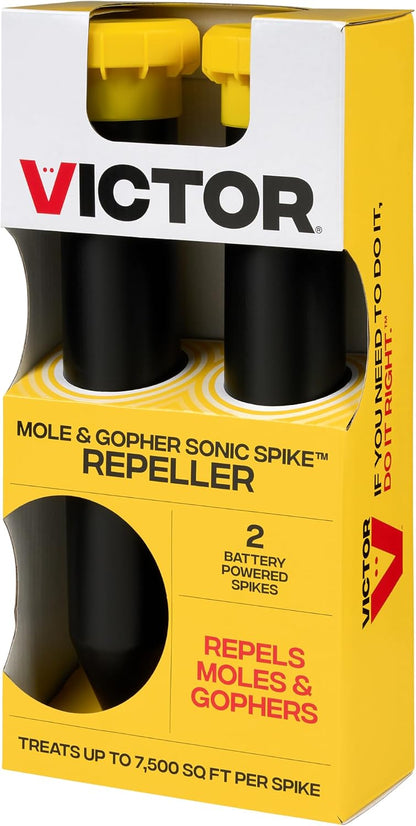 Victor Mole and Gopher Sonic Spike, 2-Pack Chemical Free Outdoor Mole and Gopher Repellent for Lawns, 95 ft Diameter Coverage, Safe for Use Around People and Pets