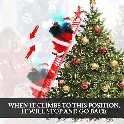 Black Santa Claus Climbing Ladder to Christmas Tree, African American Santa Christmas Decoration with Music Lights, Include Instructions for Tree Hanging Ornament, Xmas Gift