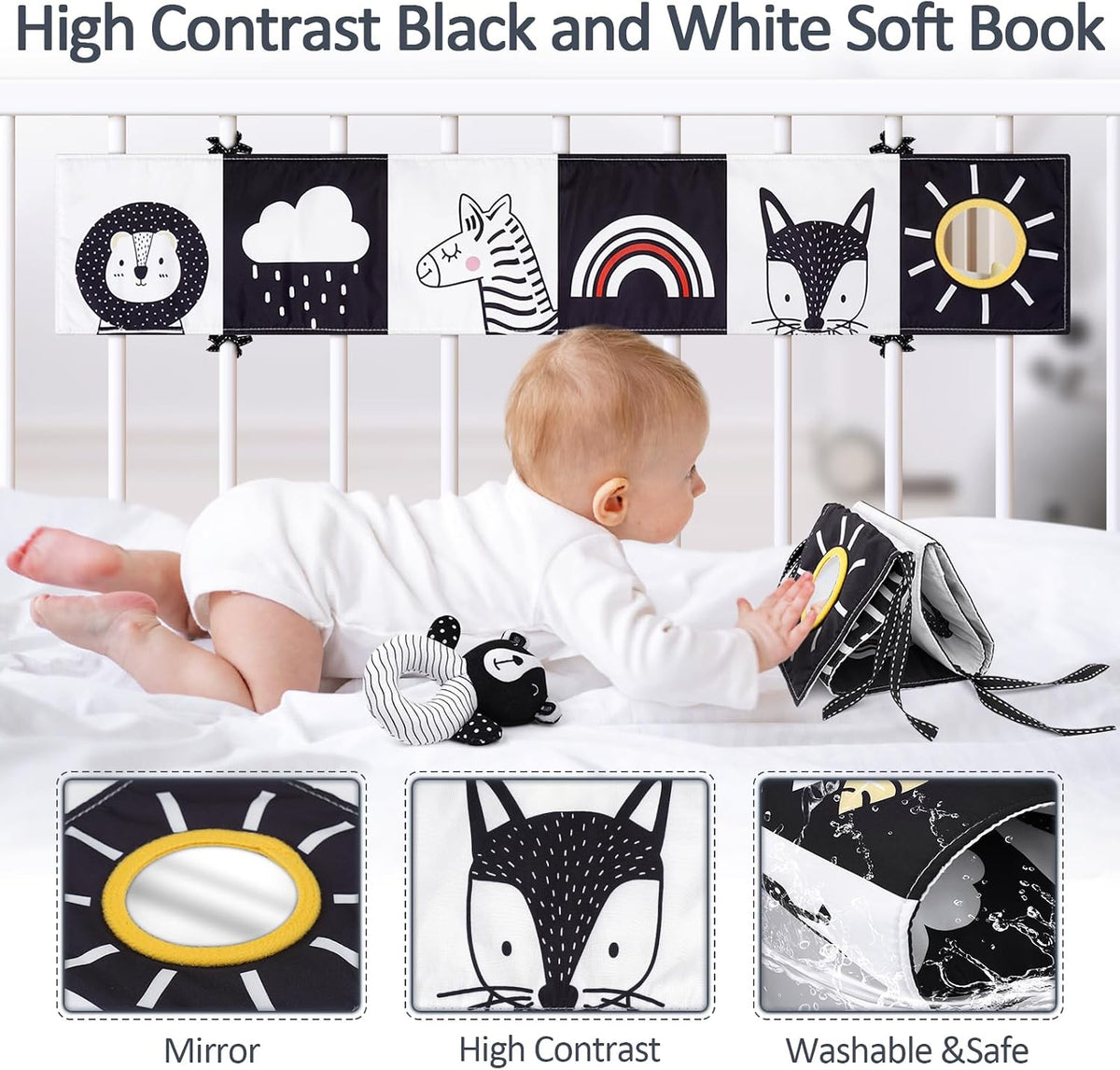High Contrast Baby Toys for Newborn, Black and White Baby Sensory Toys with Car Seat Toys,Infant Toys with Black White Cards Book, Montessori Toys for Baby Gifts(Missing baby's vision & brain development )