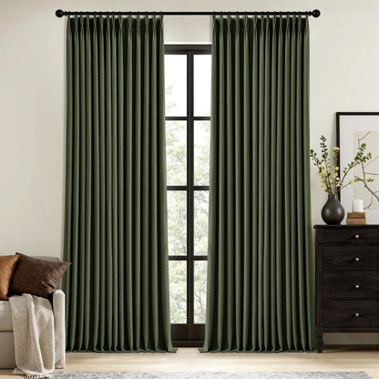 MIULEE Olive Green Pinch Pleated 100% Blackout Linen Curtains 40x108 Inches Room Darkening, Memory Trained, Light Blocking, Black Out Pleat Drapes, Window Curtains for Bedroom Living Room, 2 Panels