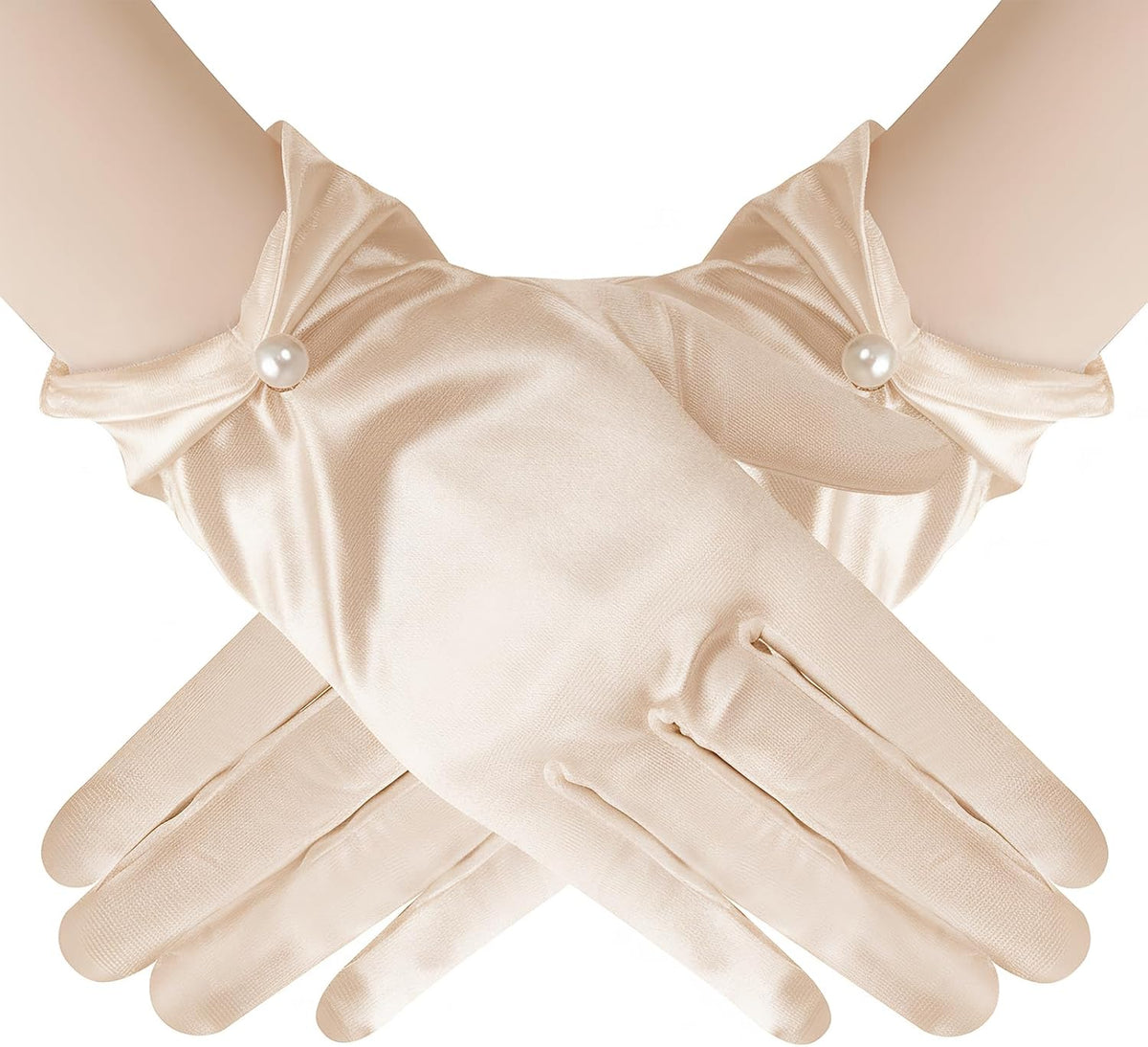 Satin Wrist Gloves for Women White Short Satin Pearl Gloves for Wedding Opera Tea Party Banquet Dress Accessories