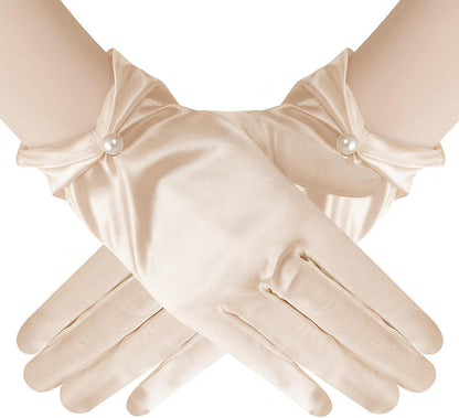 Satin Wrist Gloves for Women White Short Satin Pearl Gloves for Wedding Opera Tea Party Banquet Dress Accessories