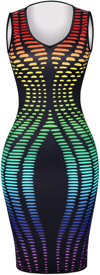Women's Sexy V-Neck Party Dresses Sleeveless Stripe Print Bodycon Midi Club Dress