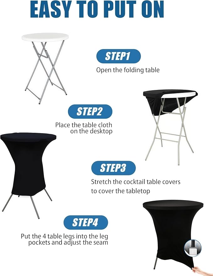 Cocktail Table Covers - 2 Pack 32x43 Inch Table Cloth - Black Fitted Stretch Spandex Round High Top Tablecloth for Party, Bar, Birthday, Pub, Banquet