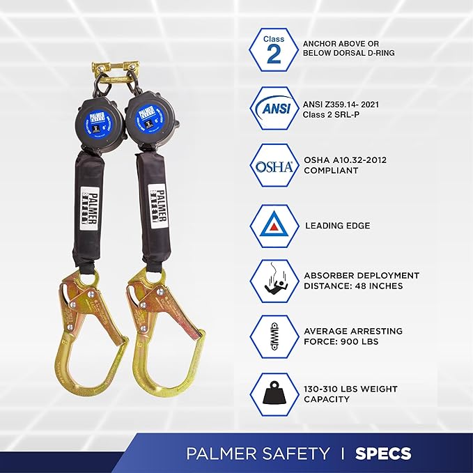 Palmer Safety Fall Protection SRL121122T Twin SRL 6' Leading Edge Lightweight Web with Rebar Hooks