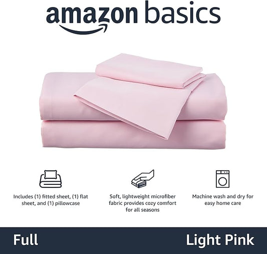 Basics Kid's Soft Easy-Wash Lightweight Microfiber 4-Piece Sheet Set, Full, Light Pink, Solid