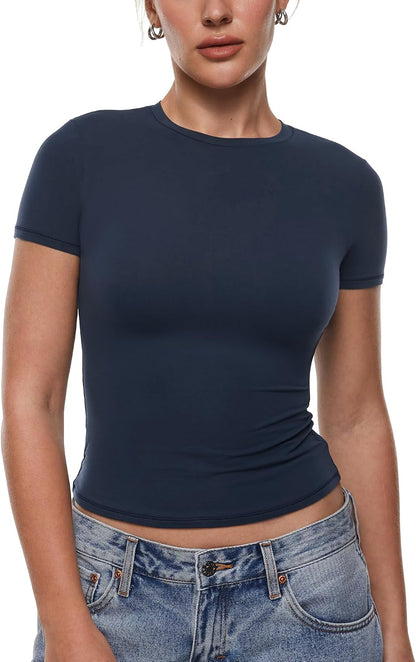 INLYRIC Women's Inbarely Ultra Short Sleeve Tops Crew Neck Double Lined Going Out Slim Fit T Shirts Summer Basic Tees