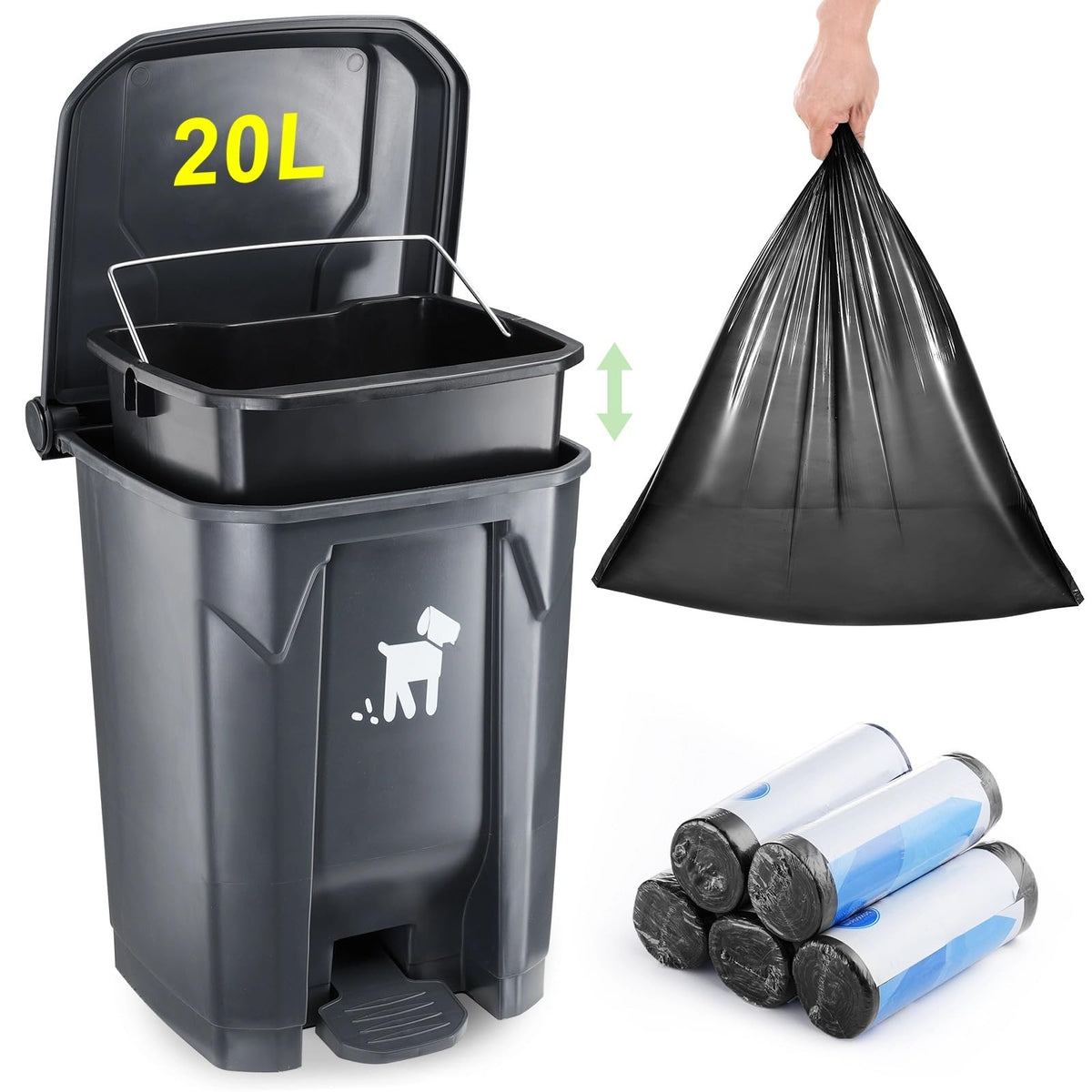 Pet Waste Container - 20L Outdoor Dog Poop Trash Bin with Removable Inner Bin, 150 Waste Bags for Small/Large Dog Families