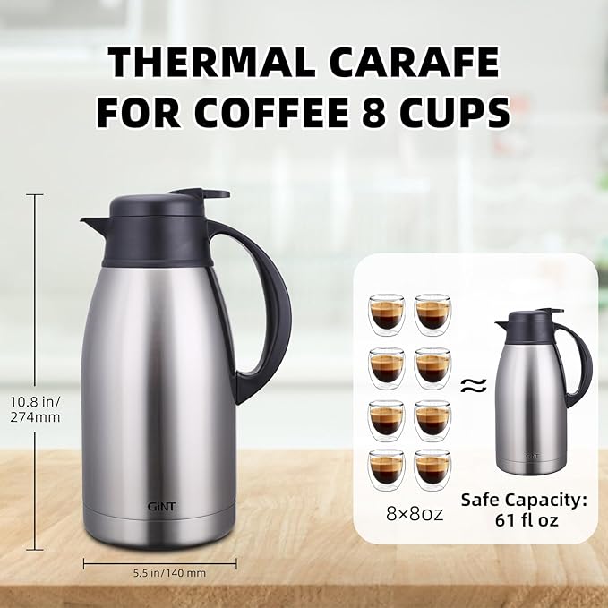 GiNT Stainless Steel Thermal Coffee Carafe, Double Walled Vacuum Water and Beverage Dispenser, 12 Hour Heat Retention, 65 OZ 1.9 Liter, Silver