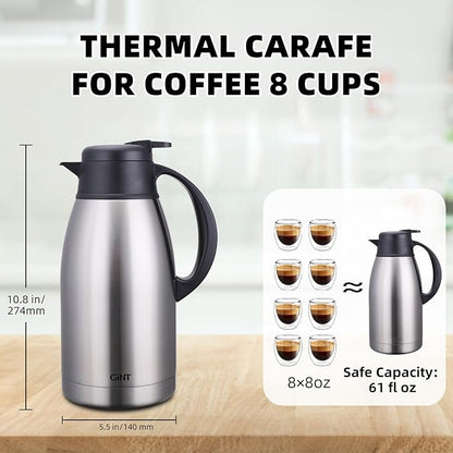 GiNT Stainless Steel Thermal Coffee Carafe, Double Walled Vacuum Water and Beverage Dispenser, 12 Hour Heat Retention, 65 OZ 1.9 Liter, Silver