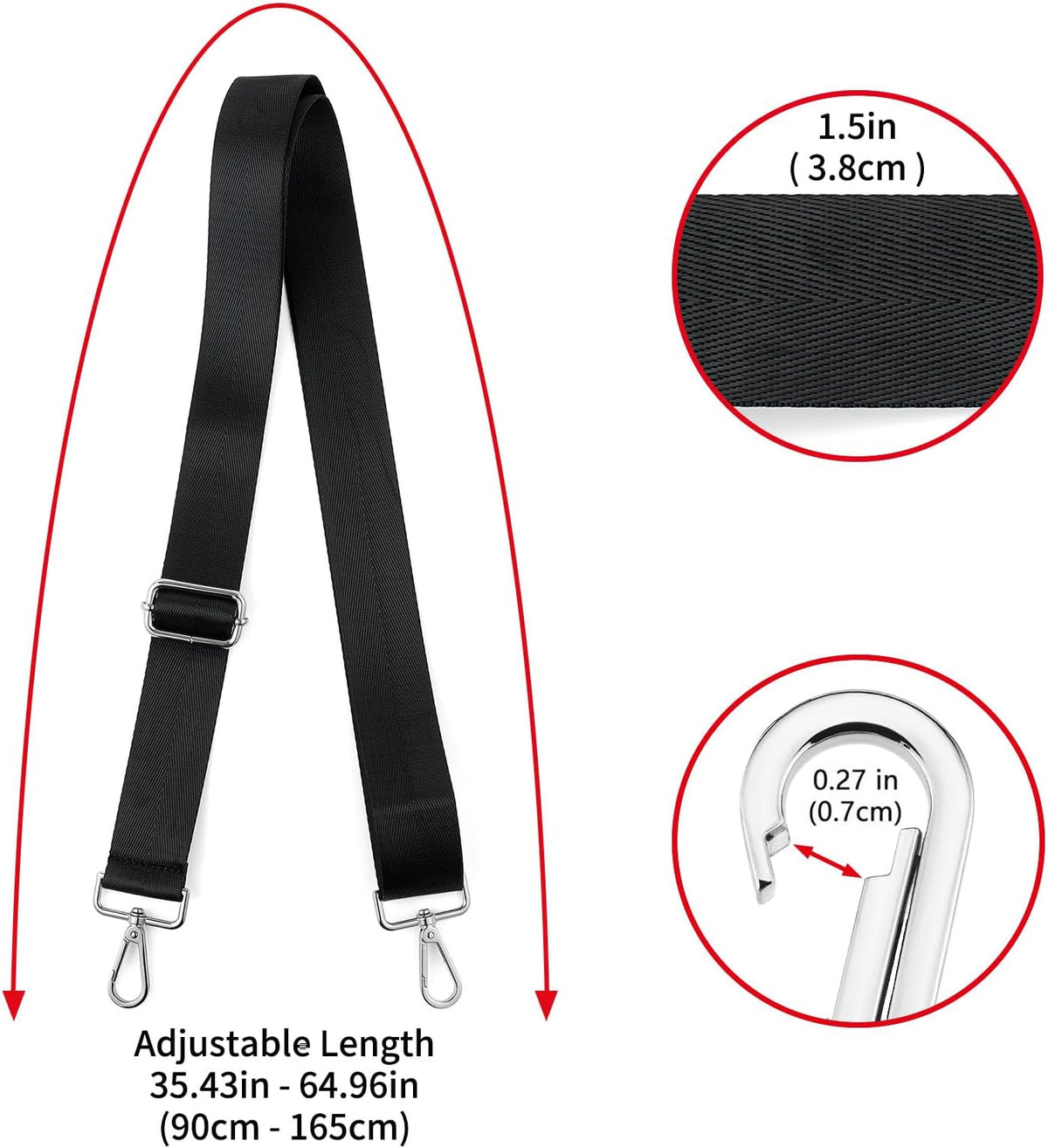 Shoulder Strap Silvery Buckles 1.5" Wide Handbag Crossbody Strap Adjustable Replacement Purse Strap Solid Style(S-L165W3.8-Color1)