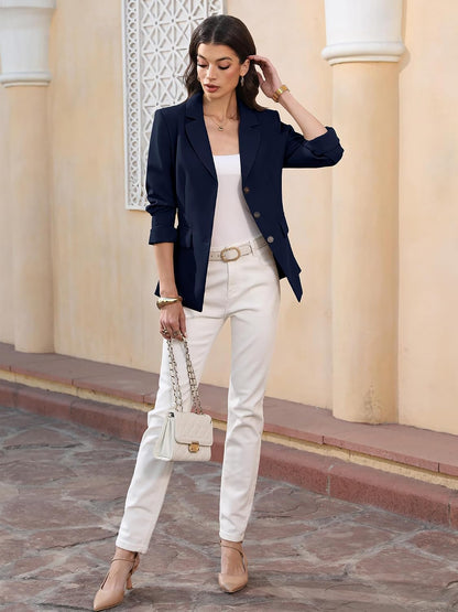 Womens Business Casual 3 Button Blazers - Long Sleeve Slim Fit Suit Work Office Jacket with Pockets