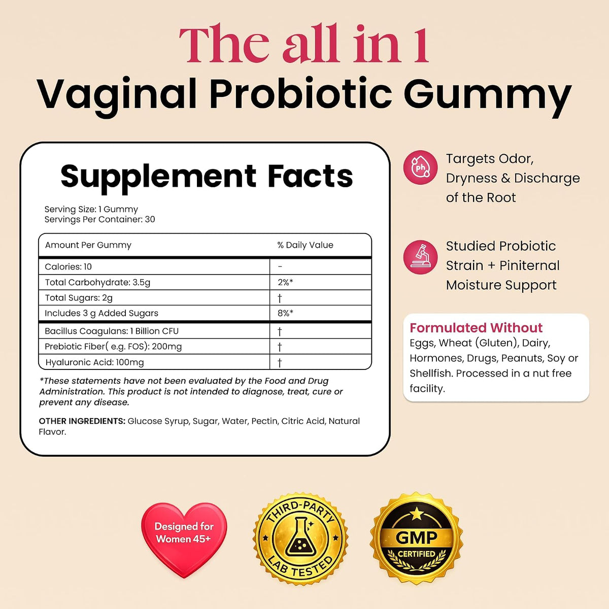 Flora+ Women’s Vaginal Probiotic Gummies for pH Balance, Odor and Freshness Support with Prebiotics & Hyaluronic Acid, Sugar Free Pineapple, Vegan Non-GMO | 30 Gummies