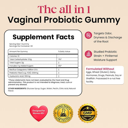 Flora+ Women’s Vaginal Probiotic Gummies for pH Balance, Odor and Freshness Support with Prebiotics & Hyaluronic Acid, Sugar Free Pineapple, Vegan Non-GMO | 30 Gummies