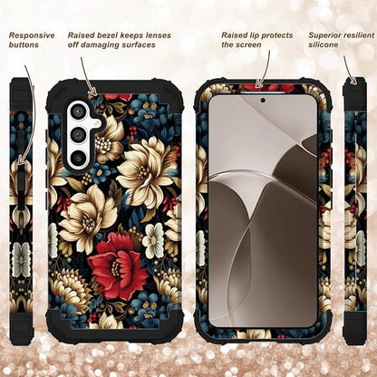 SleekCover 3 in 1 Floral Case for Galaxy A15 Case,6.5" Black Flower | 3 in 1 Floral Pattern Soft Silicone Rubber Bumper+Hard Plastic Protective Samsung Galaxy A15 Case