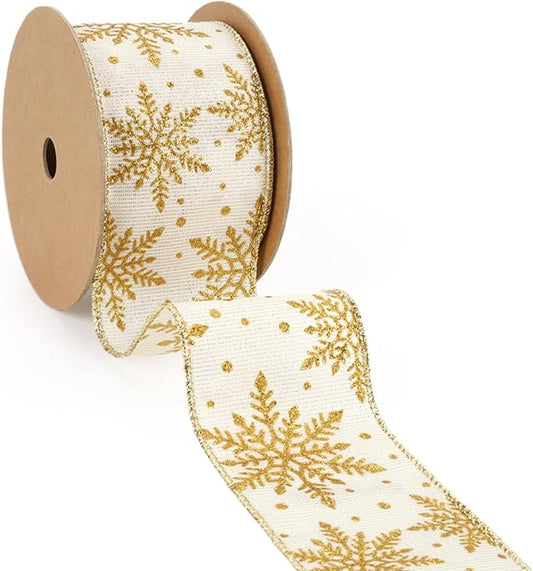 LaRibbons Gold Christmas Wired Ribbon, 2.5 Inch x 10 Yards Gold Snowflake Burlap Ribbon for Tree Decoration,Wreath,Bows,Gift Wrapping