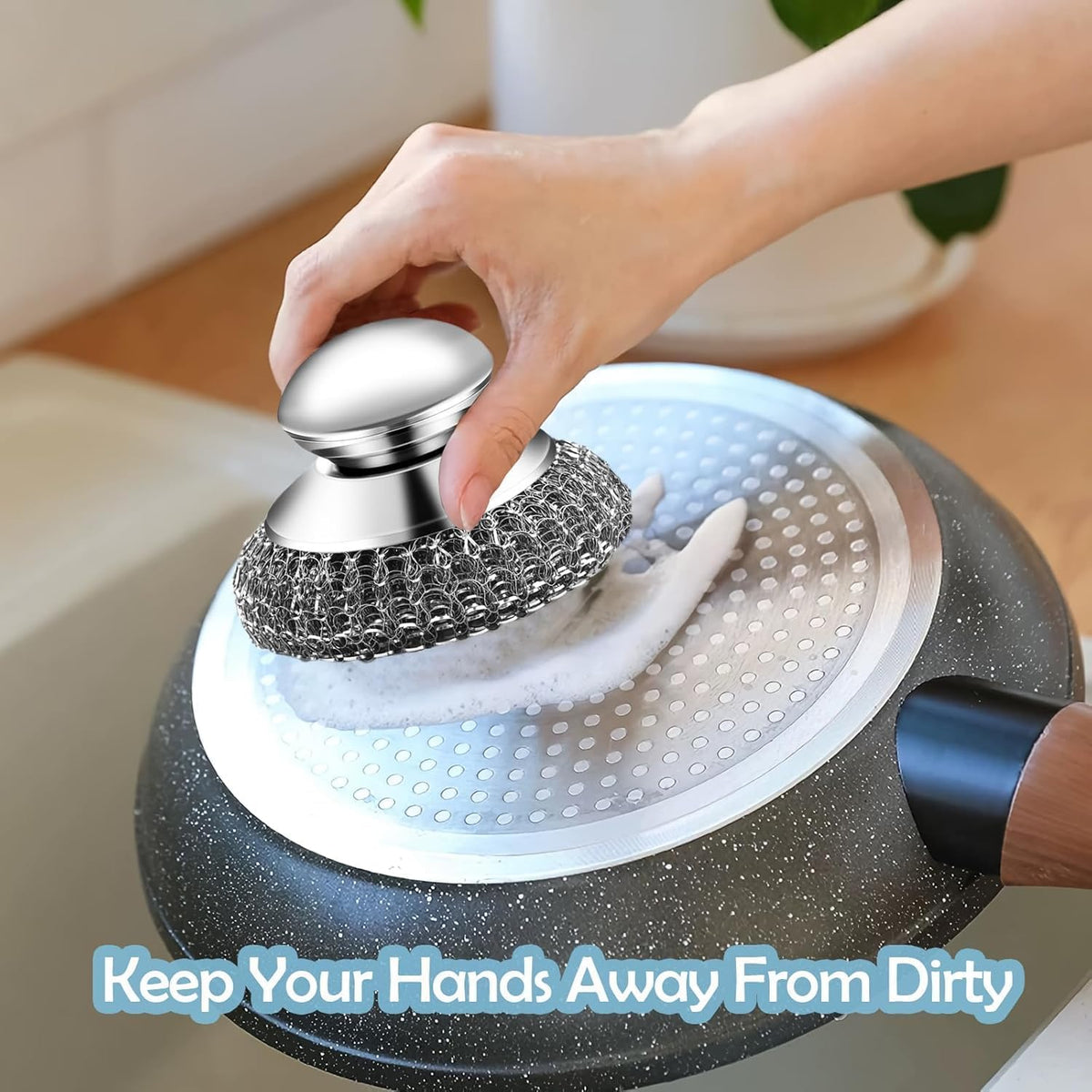 Stainless Steel Kitchen Pot Brush with Handle Wire Ball Cleaning Tools Home Kitchen Dish Washing Accessories (Has Small Dent)